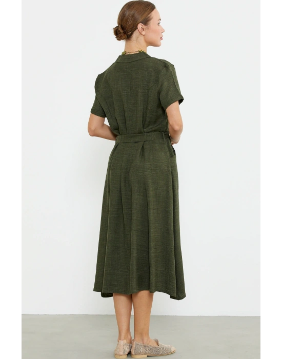 Keten Görünümlü Cepli Gömlek Elbise - Haki