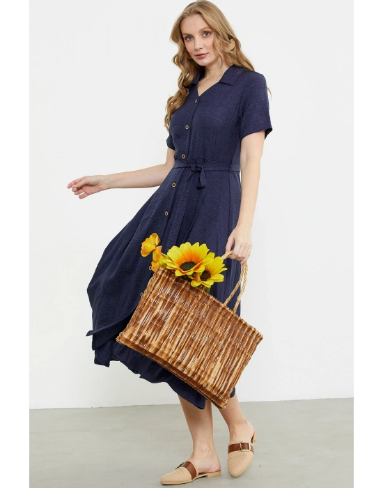 Keten Görünümlü Uzun Gömlek Elbise - Lacivert