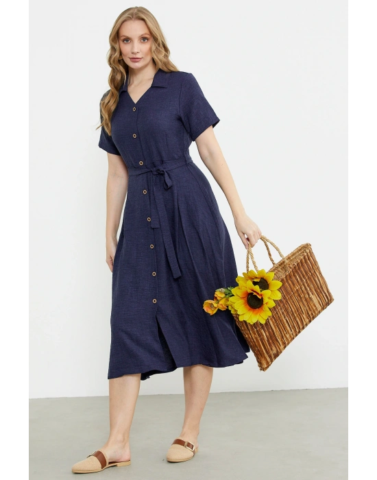 Keten Görünümlü Uzun Gömlek Elbise - Lacivert