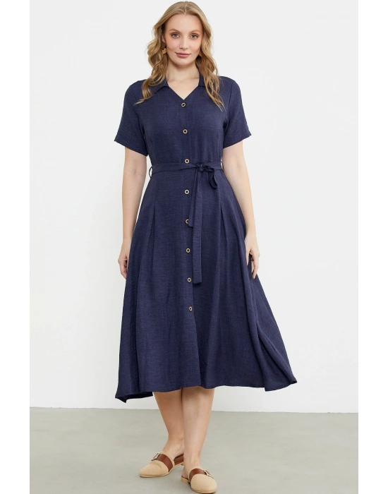 Keten Görünümlü Uzun Gömlek Elbise - Lacivert