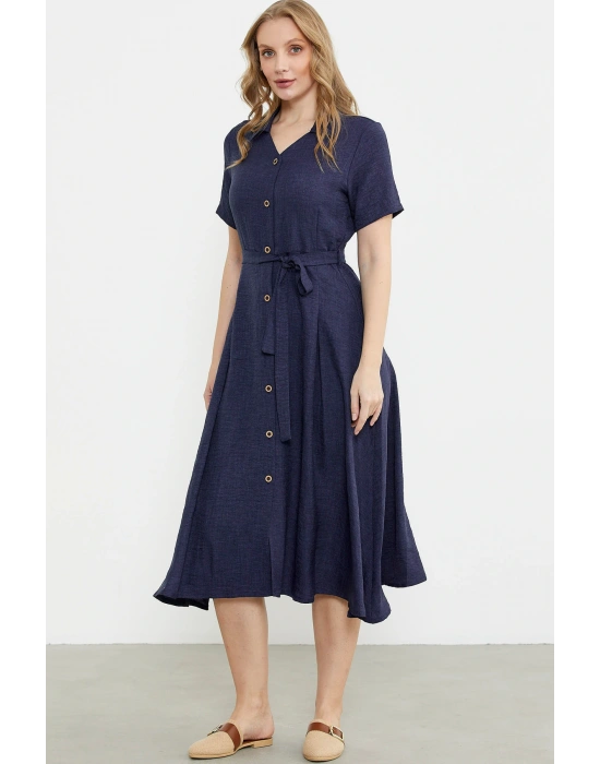 Keten Görünümlü Uzun Gömlek Elbise - Lacivert
