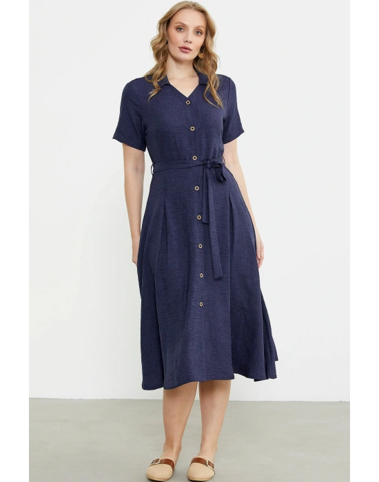 Keten Görünümlü Uzun Gömlek Elbise - Lacivert