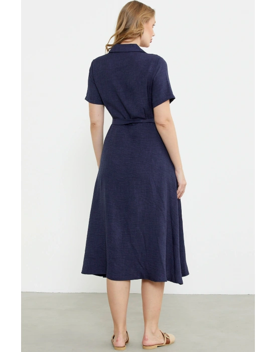 Keten Görünümlü Uzun Gömlek Elbise - Lacivert