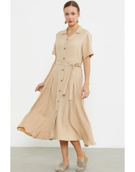 Keten Görünümlü Uzun Gömlek Elbise - Bej