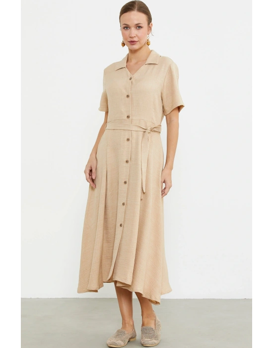 Keten Görünümlü Uzun Gömlek Elbise - Bej