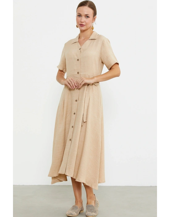 Keten Görünümlü Uzun Gömlek Elbise - Bej