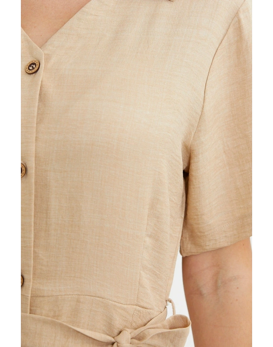 Keten Görünümlü Uzun Gömlek Elbise - Bej