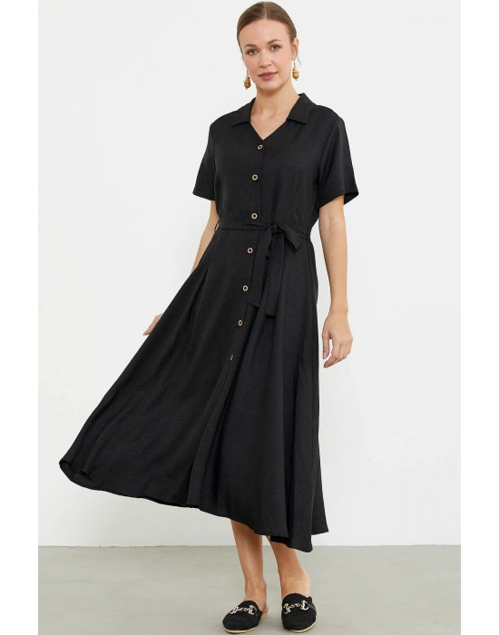 Keten Görünümlü Uzun Gömlek Elbise - Siyah