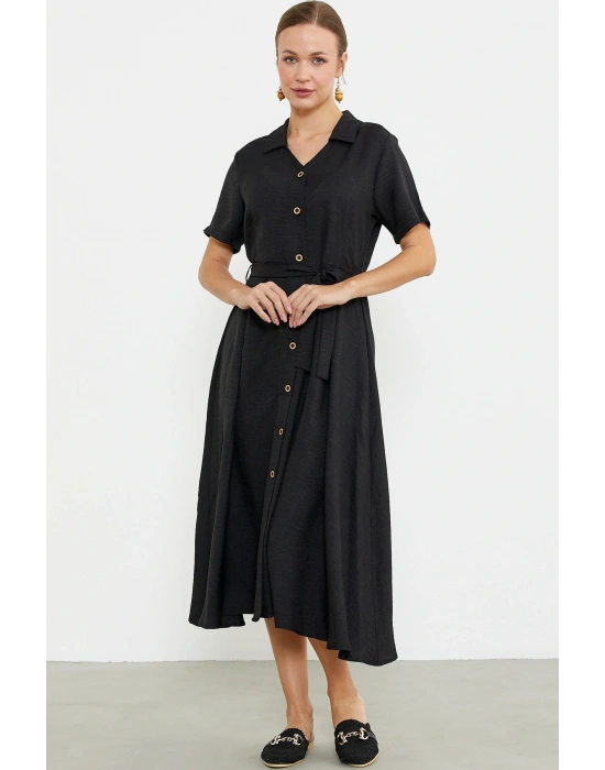 Keten Görünümlü Uzun Gömlek Elbise - Siyah