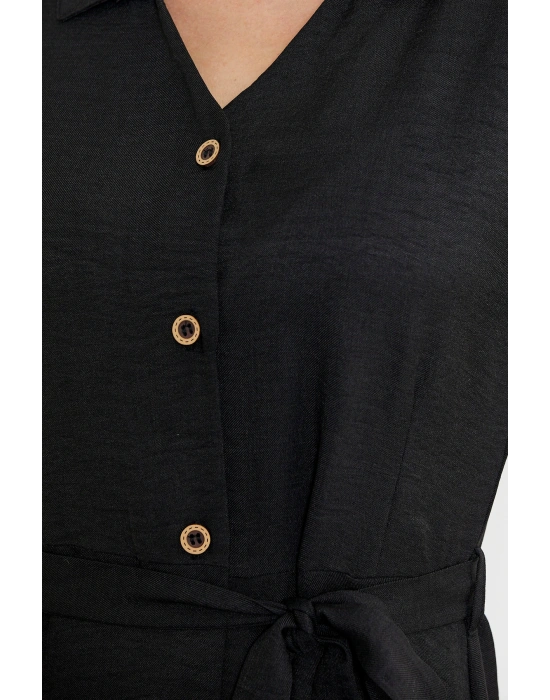 Keten Görünümlü Uzun Gömlek Elbise - Siyah