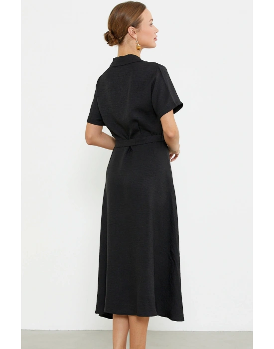 Keten Görünümlü Uzun Gömlek Elbise - Siyah