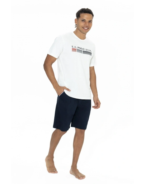 U.s Polo Assn. 18871 Erkek Kısa Kollu Bisiklet Yaka Şortlu Pijama Takımı-Ekru