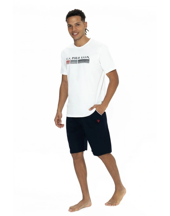 U.s Polo Assn. 18871 Erkek Kısa Kollu Bisiklet Yaka Şortlu Pijama Takımı-Ekru