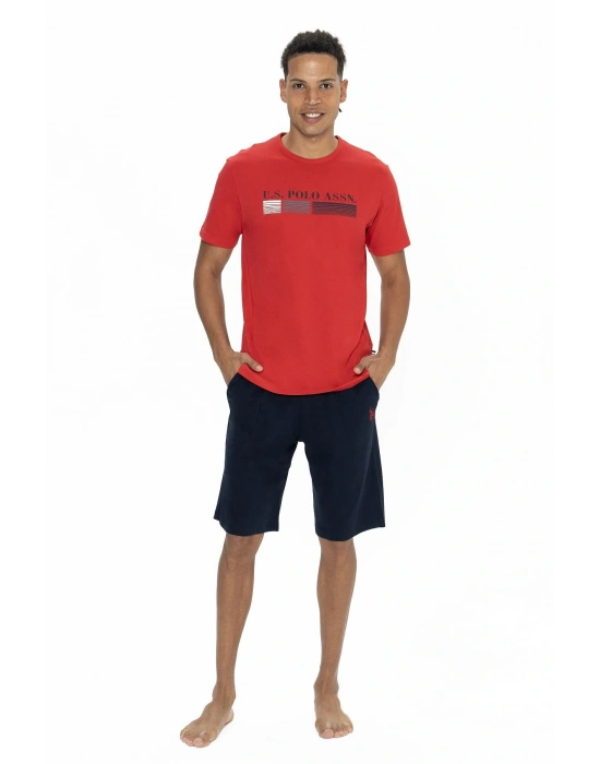 U.s Polo Assn. 18871 Erkek Kısa Kollu Bisiklet Yaka Şortlu Pijama Takımı-Kırmızı