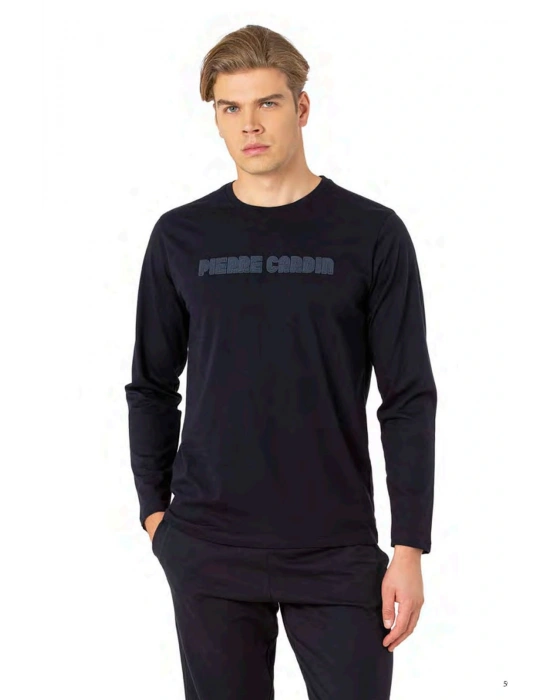 6093 Erkek Uzun Kollu Bisiklet Yaka Pijama Takımı-Lacivert