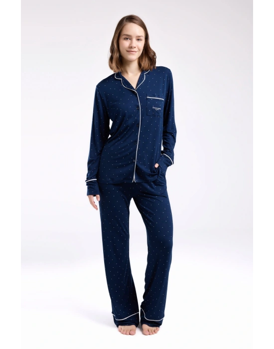Kadın Lacivert Gömlek Pijama Takım