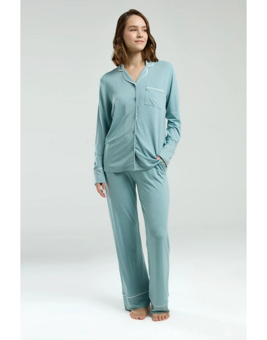Kadın Yeşil Gömlek Pijama Takım