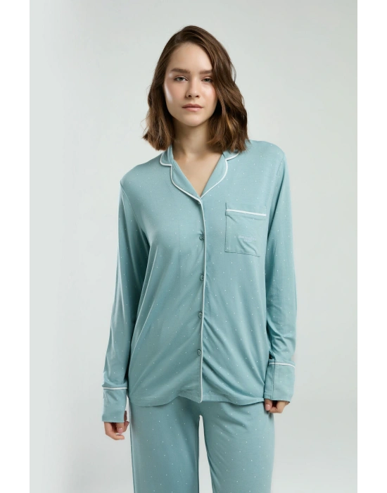 Kadın Yeşil Gömlek Pijama Takım