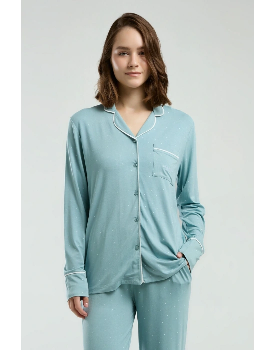 Kadın Yeşil Gömlek Pijama Takım