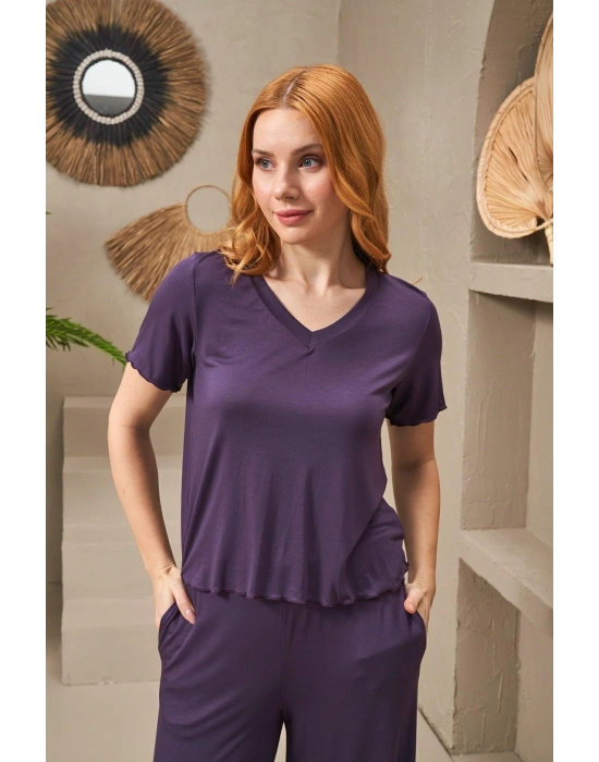 25109 Kadın V Yaka Kısa Kollu Bol Paçalı Pijama Takım