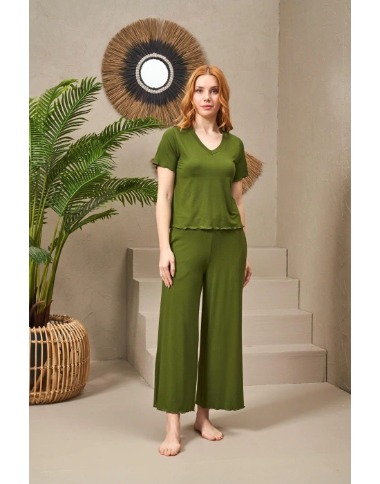 25109 Kadın V Yaka Kısa Kollu Bol Paçalı Pijama Takım