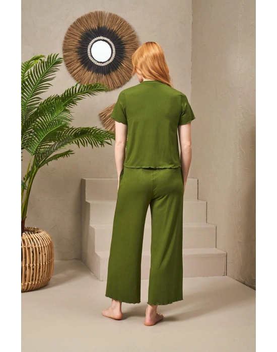 25109 Kadın V Yaka Kısa Kollu Bol Paçalı Pijama Takım