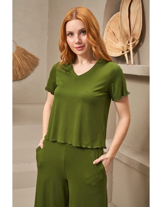 25109 Kadın V Yaka Kısa Kollu Bol Paçalı Pijama Takım