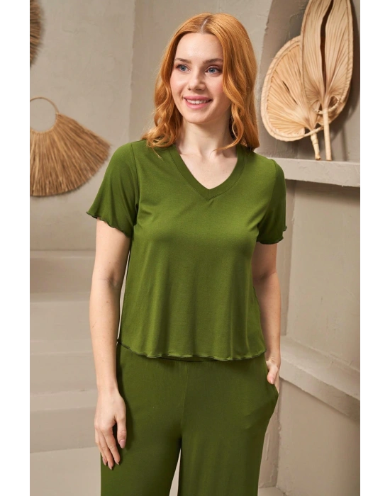 25109 Kadın V Yaka Kısa Kollu Bol Paçalı Pijama Takım