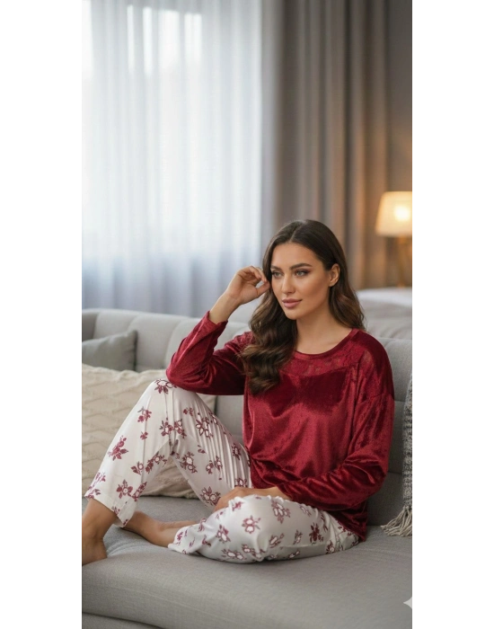 Bordo Kadın Ucu Dantelli Pijama Takım