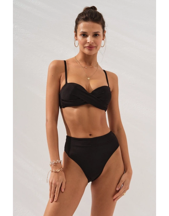 Bonie Dolgulu Straplez Yüksek Bel Bikini Takım Siyah 231225