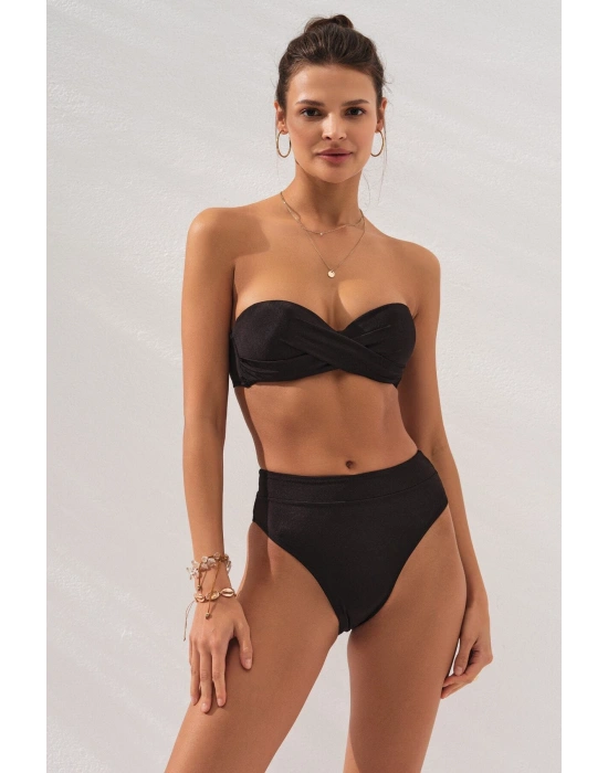 Bonie Dolgulu Straplez Yüksek Bel Bikini Takım Siyah 231225