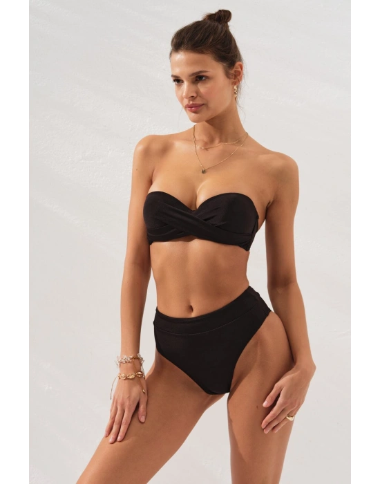 Bonie Dolgulu Straplez Yüksek Bel Bikini Takım Siyah 231225