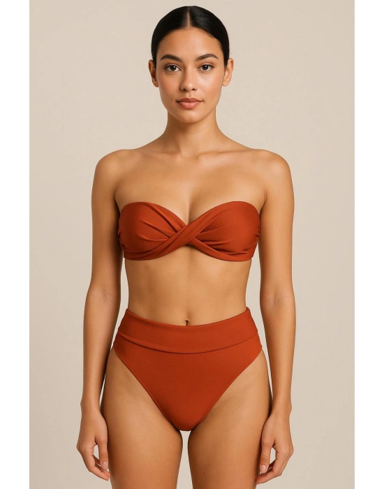 241231 Kadın Tarçın Dolgulu Straplez Yüksek Bel Bikini Takım