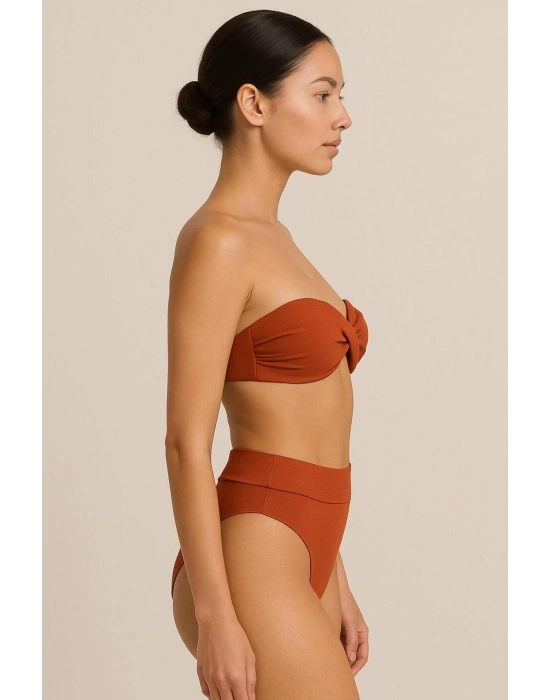 241231 Kadın Tarçın Dolgulu Straplez Yüksek Bel Bikini Takım