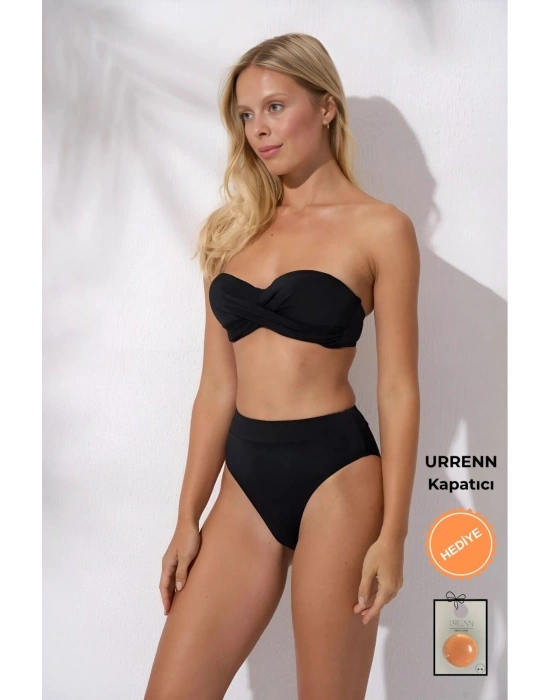 Düğüm Detaylı Yüksek Bel Dolgulu Straplez -urrenn Kapatıcı Hediyeli- 2025 Yeni Sezon Bikini Takımı