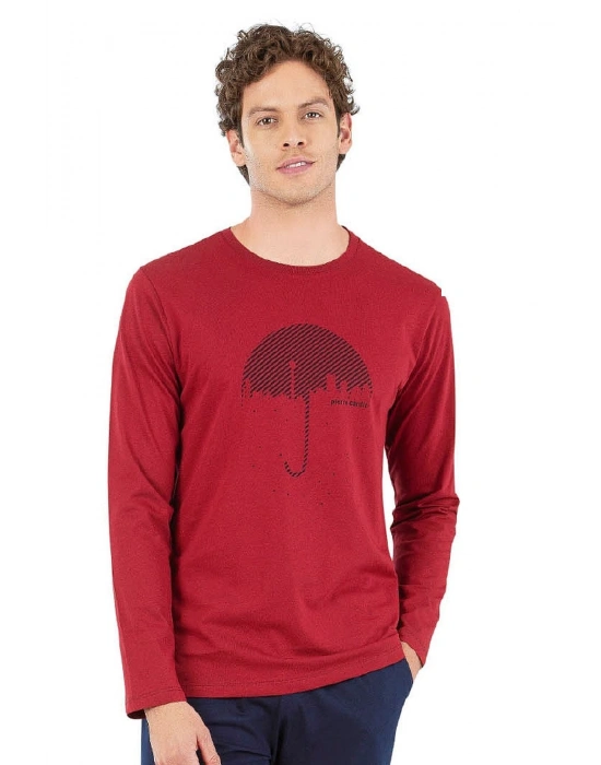 6070 Erkek Uzun Kollu Bisiklet Yaka Pijama Takımı-Bordo
