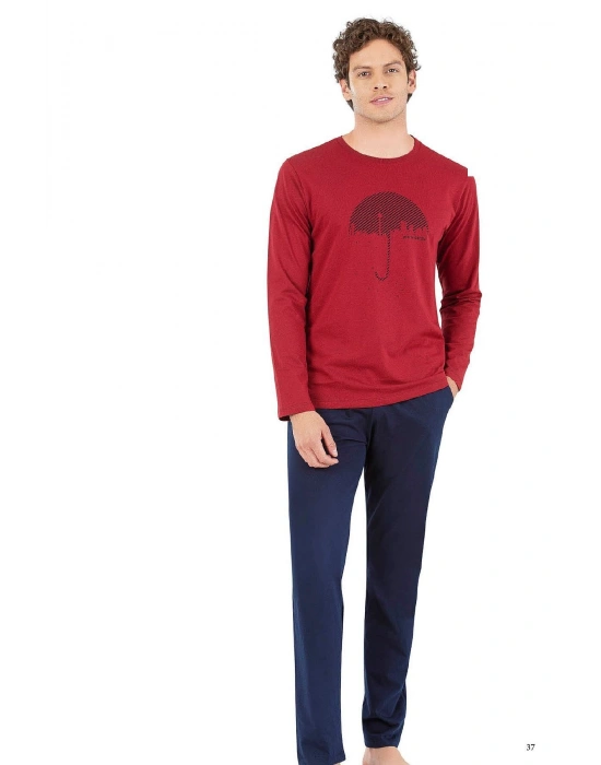 6070 Erkek Uzun Kollu Bisiklet Yaka Pijama Takımı-Bordo