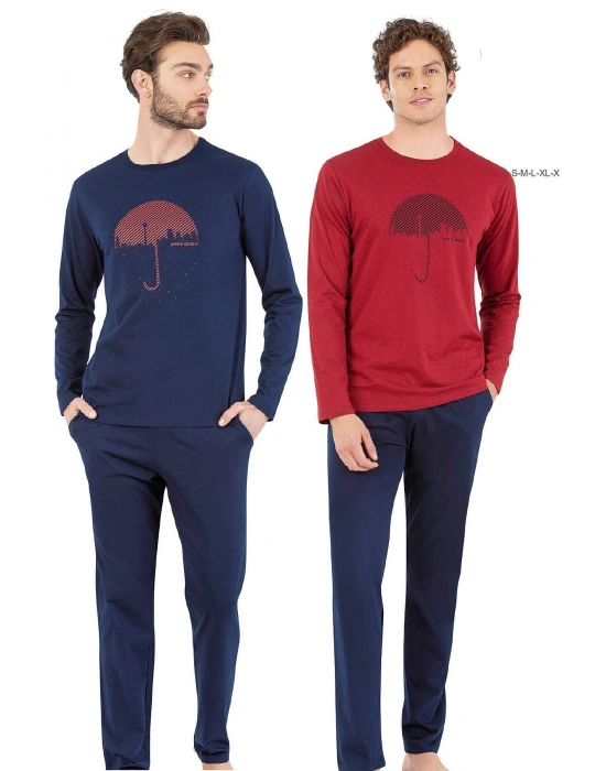 6070 Erkek Uzun Kollu Bisiklet Yaka Pijama Takımı-Lacivert