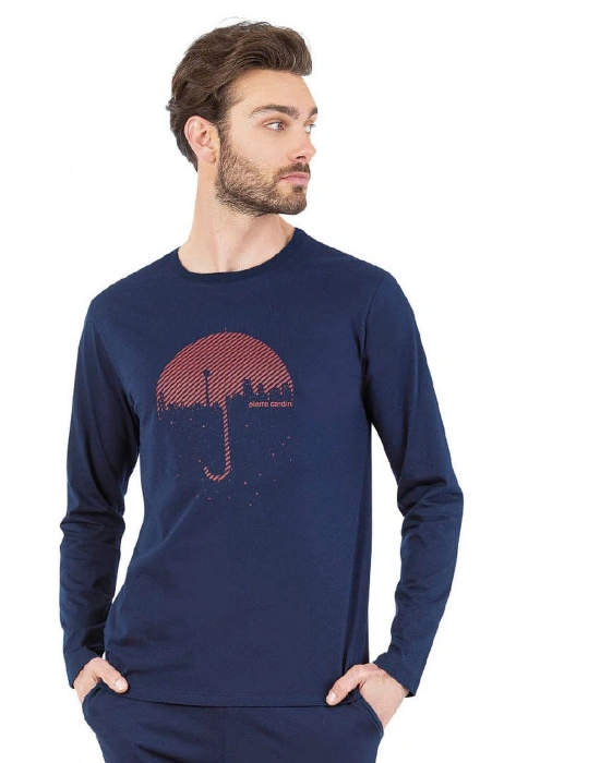6070 Erkek Uzun Kollu Bisiklet Yaka Pijama Takımı-Lacivert