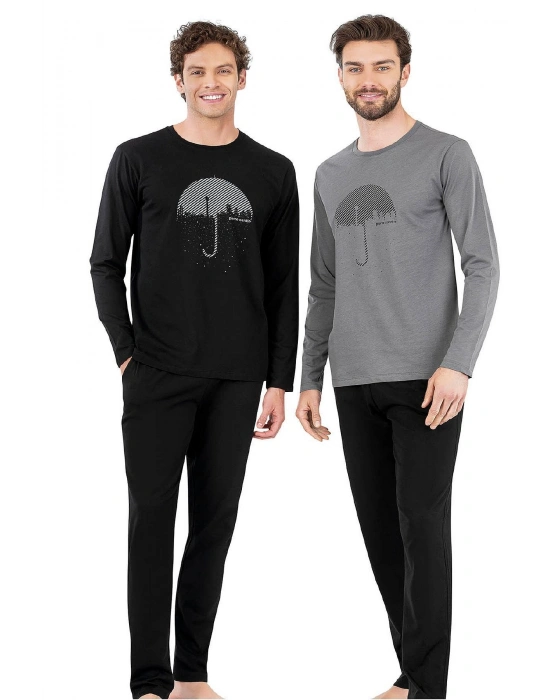 6070 Erkek Uzun Kollu Bisiklet Yaka Pijama Takımı-Siyah