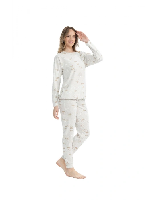 U.S. Polo Assn. Kadın Bej Melanj Yuvarlak Yaka Pijama Takımı