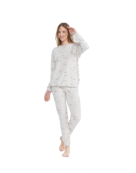 U.S. Polo Assn. Kadın Bej Melanj Yuvarlak Yaka Pijama Takımı