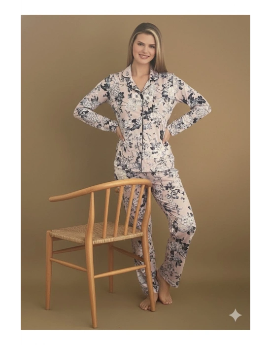 Yeni Sezon Yakalı önden düğmeli yumuşak viskon pijama takımı 52023