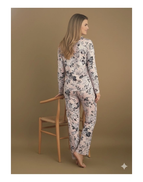 Yeni Sezon Yakalı önden düğmeli yumuşak viskon pijama takımı 52023