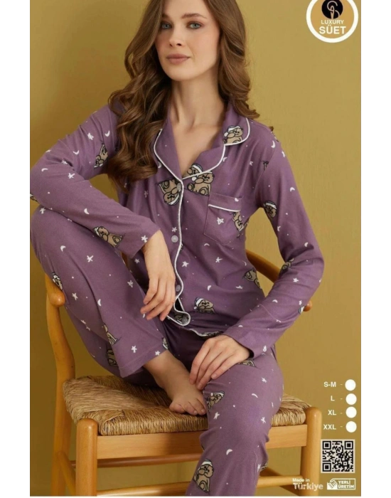 Yeni Sezon Kadın Kışlık Süet Uzun Kollu Önü Düğmeli Yumuşak Dokulu Pijama Takımı 49001