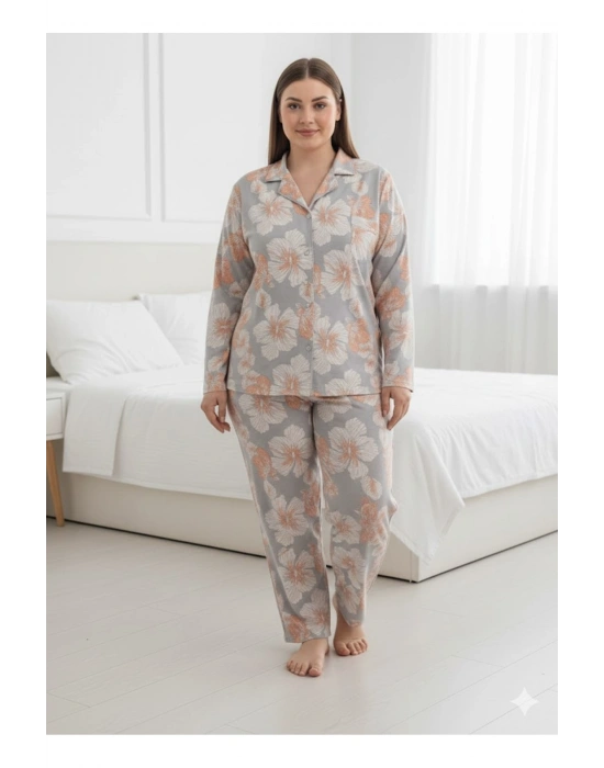 Yeni Sezon Battal Yakalı önden düğmeli yumuşak viskon pijama takımı 12026