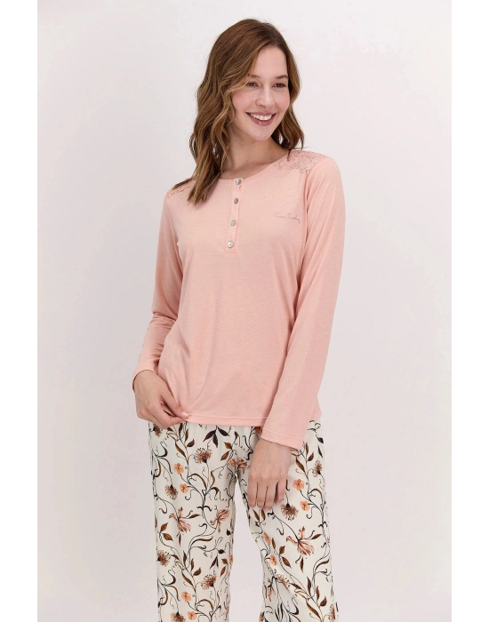 Çiçekli Mocha Kadın Pijama Takımı