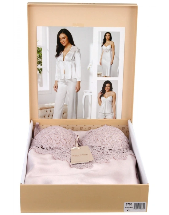 Saten Gecelik Sabahlık Pijama Takım Şort Takım 6lı Gelin Çeyiz Seti - 6700