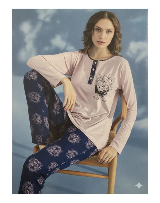 Yeni Sezon Kadın 3 Düğmeli Bisiklet Yaka Viskon Pijama Takımı 35924