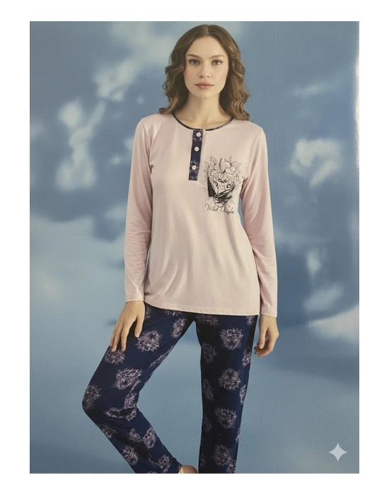 Yeni Sezon Kadın 3 Düğmeli Bisiklet Yaka Viskon Pijama Takımı 35924